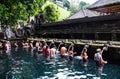 Balinese Hindu and tourist wash themselves in a ritual at the pool.