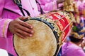 Bali background. Balinese man play on traditional drum