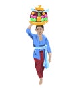 A Balinese woman carries ritual fruit offerings to the deity on her head, vector illustration