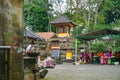 Balinese woman preparing for doing daily hindu offering is a tradition, Monkey forest, Bali, Indonesia, 10.08.2018 Royalty Free Stock Photo