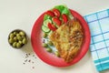 Balkan cuisine. Burek with meat and green olives. Flat lay