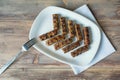 Balkan cuisine. Cevapi - grilled dish of minced meat. Flat lay, free space for text Royalty Free Stock Photo