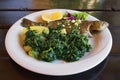 Balkan cuisine. Grilled fish  trout   with leafy green vegetables on white plate Royalty Free Stock Photo