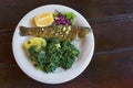 Balkan cuisine. Grilled fish with leafy green vegetables on white plate. Dark rustic background. Flat lay, free space Royalty Free Stock Photo