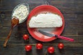 Balkan cuisine. Kaymak - soft white cheese - on slice of bread Royalty Free Stock Photo