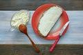 Balkan cuisine. Kaymak - soft white cheese - on slice of bread Royalty Free Stock Photo