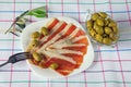 Balkan cuisine . Slices of prsut dry-cured ham, prosciutto