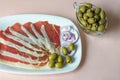 Balkan cuisine. Slices of prsut: dry-cured ham. Space for text