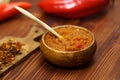 Balkan sauce ajvar and ingredients for its preparation. Serbian traditional food. Selective focus Royalty Free Stock Photo