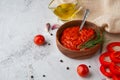 Balkan snack ajvar, lutenitza, pingjur with ingredients on a light background Royalty Free Stock Photo