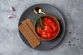 Balkan traditional dish ajvar, lutenitza, pingjur, with bread on a plate Royalty Free Stock Photo