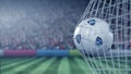 Ball with Al Hilal FC football club logo hits football goal net. Conceptual editorial 3D rendering