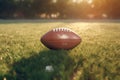 Ball for American football on fresh green field grass Royalty Free Stock Photo