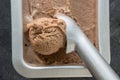 Homemade banana and chocolate ice cream in metallic container. Close up. Top view Royalty Free Stock Photo