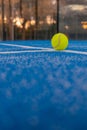 a ball on the baseline of a paddle tennis court at sunset, racket sports