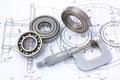 Ball bearings with micrometer on technical drawing Royalty Free Stock Photo
