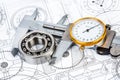 Ball bearings on technical drawing Royalty Free Stock Photo