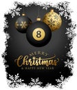 8 Ball Billiards Christmas Sport Greeting Gold Luxury Card with Snow frame Merry Christmas and happy new year text