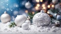 ball ,Bright Christmas Holidays background with Xmas white ornament on snow Royalty Free Stock Photo