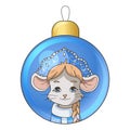 Christmas bauble with drawing cartoon mouse rat wearing Snow Maiden costume. Royalty Free Stock Photo