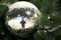 A ball on a decorated christmas tree in the city park, Zvenigorod, Moscow region Royalty Free Stock Photo