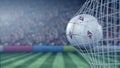 Ball with Fiorentina football club logo hits football goal net. Conceptual editorial 3D rendering