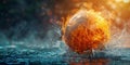 A ball of fire resembling a soccer ball is submerged in water Royalty Free Stock Photo