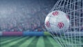 Ball with 1. FSV Mainz 05 football club logo hits football goal net. Conceptual editorial 3D rendering