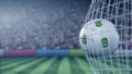 Ball with Jeonbuk Hyundai Motors FC football club logo hits football goal net. Conceptual editorial 3D rendering