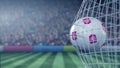 Ball with Nomme Kalju FC football club logo hits football goal net. Conceptual editorial 3D rendering