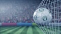 Ball with Palmeiras football club logo hits football goal net. Conceptual editorial 3D rendering