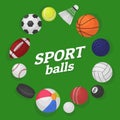 Ball games. Sports equipment collection balls soccer hockey baseball basketball billiard colorful banner cartoon