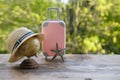 ball globe, summerhat, suitcase, starfish on old wooden table in garden, beautiful blurred natural landscape in background with Royalty Free Stock Photo