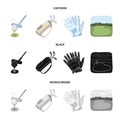 A ball with a golf club, a bag with sticks, gloves, a golf course.Golf club set collection icons in cartoon,black Royalty Free Stock Photo