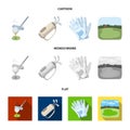 A ball with a golf club, a bag with sticks, gloves, a golf course.Golf club set collection icons in cartoon,flat Royalty Free Stock Photo