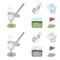 A ball with a golf club, a bag with sticks, gloves, a golf course. Golf club set collection icons in cartoon, monochrome Royalty Free Stock Photo