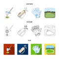 A ball with a golf club, a bag with sticks, gloves, a golf course.Golf club set collection icons in cartoon,outline,flat Royalty Free Stock Photo
