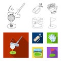 A ball with a golf club, a bag with sticks, gloves, a golf course.Golf club set collection icons in outline,flat style Royalty Free Stock Photo