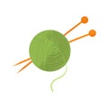 Ball of green yarn with orange knitting needles. Vector illustration with flat design and texture, isolated on white Royalty Free Stock Photo