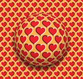 Ball with a hearts pattern rolling along the red hearts surface. Abstract vector optical illusion illustration Royalty Free Stock Photo