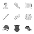 Ball, helmet, bat, uniform and other baseball attributes. Baseball set collection icons in monochrome style vector Royalty Free Stock Photo