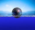 The ball hits the water. 3D rendering. Photo wallpaper.