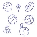 Ball icons for various sporting events in thin line. Vector flat illustration. A set of various projectiles for sports games