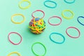 Ball or knot of thin multicolored elastic band rubbers