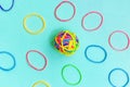 Ball or knot of thin multicolored elastic bands