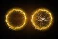 Ball lightning on a transparent background. Vector illustration, abstract electric lightning in gold color. Light flash Royalty Free Stock Photo