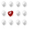 The ball of love. Realistic white round or red heart shaped balloons. Inflated toys collection. Romantic symbol