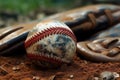 ball and mitt laying on a dirt field. possibly for baseball or softball, typical shape used for hand protection Royalty Free Stock Photo