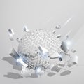 Ball, orb with pattern of mazes crashed into the ground at high speed and breaks into shards, cracks. Inflicting heavy damage. Royalty Free Stock Photo