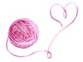 A ball of pink thread to decorate knitting products. Heart from thread